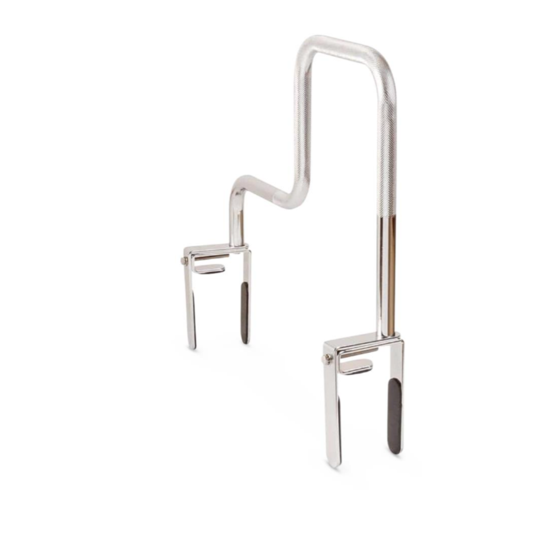 The DMI® Heavy-Duty Safety Tub Bath and Shower Grab Bar is made of stainless steel, features two legs with black heat-resistant grips, and has a high, angled handle for secure support during bath or shower use.